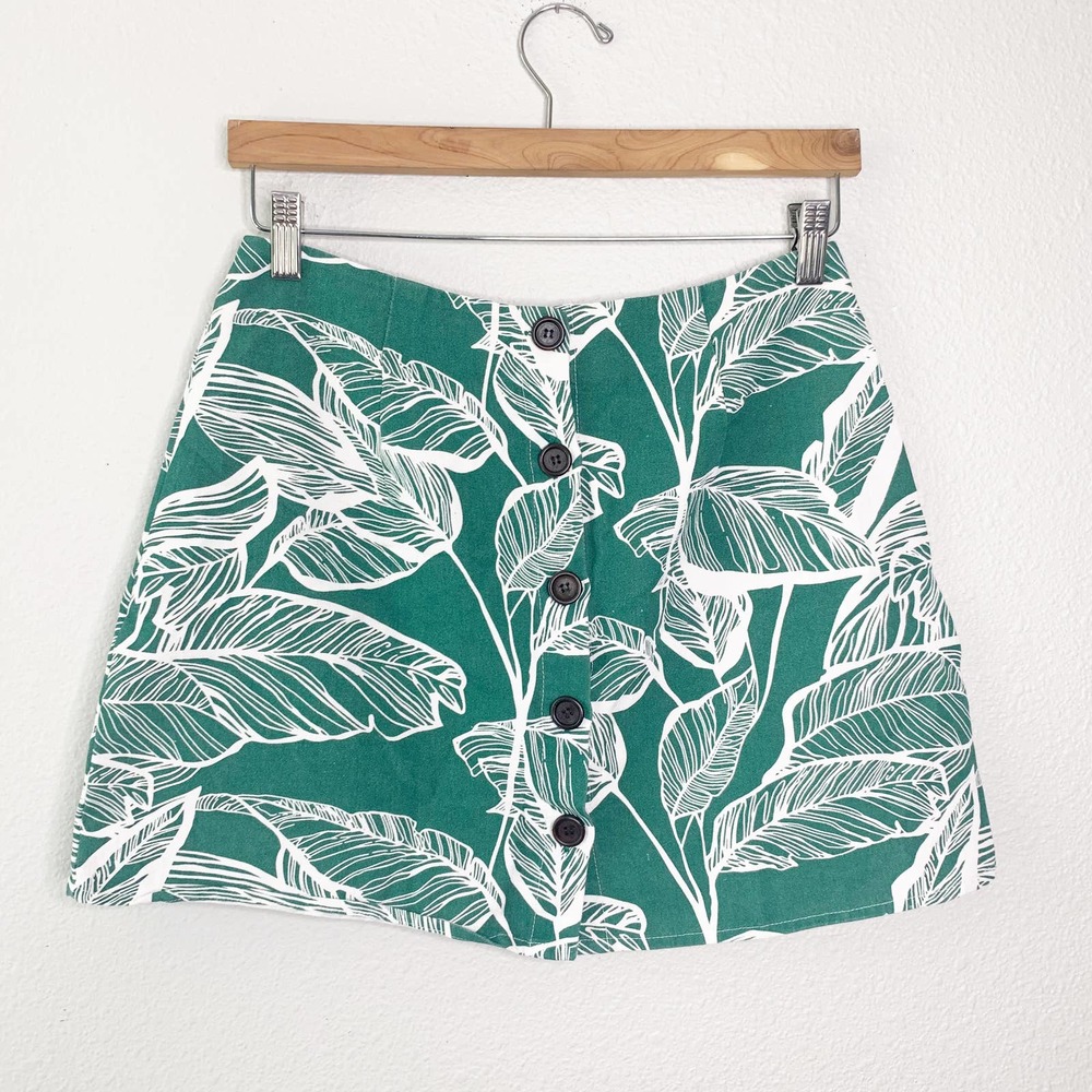 Jeuvre Green White Leaf Print Button Mini Skirt L